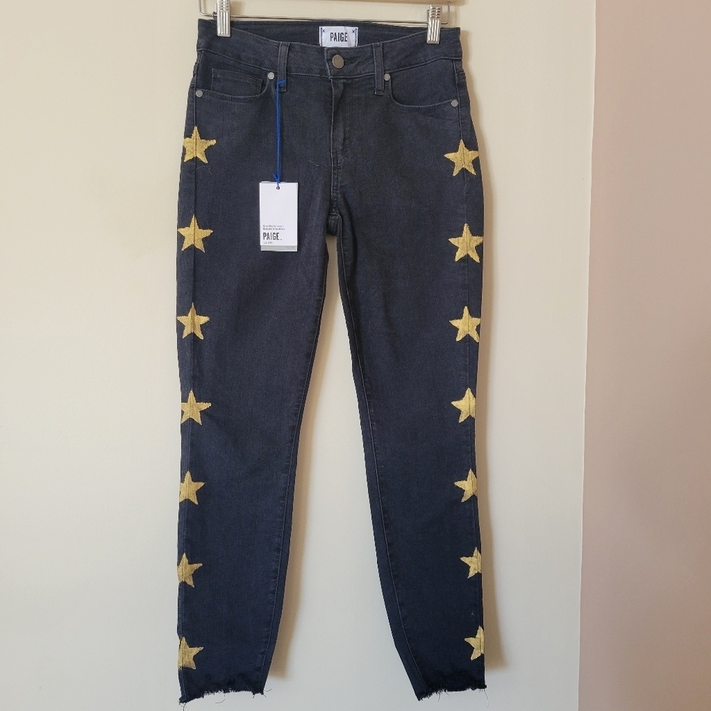 NWT Paige Denim Verdigo Retro Y2K Ankle Slim Black Jeans Gold Stars Size 27